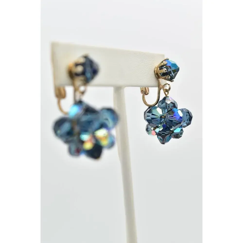Laguna Vintage Clip On Crystal Earrings Dangle Navy Blue Drop Signed 1950s A24